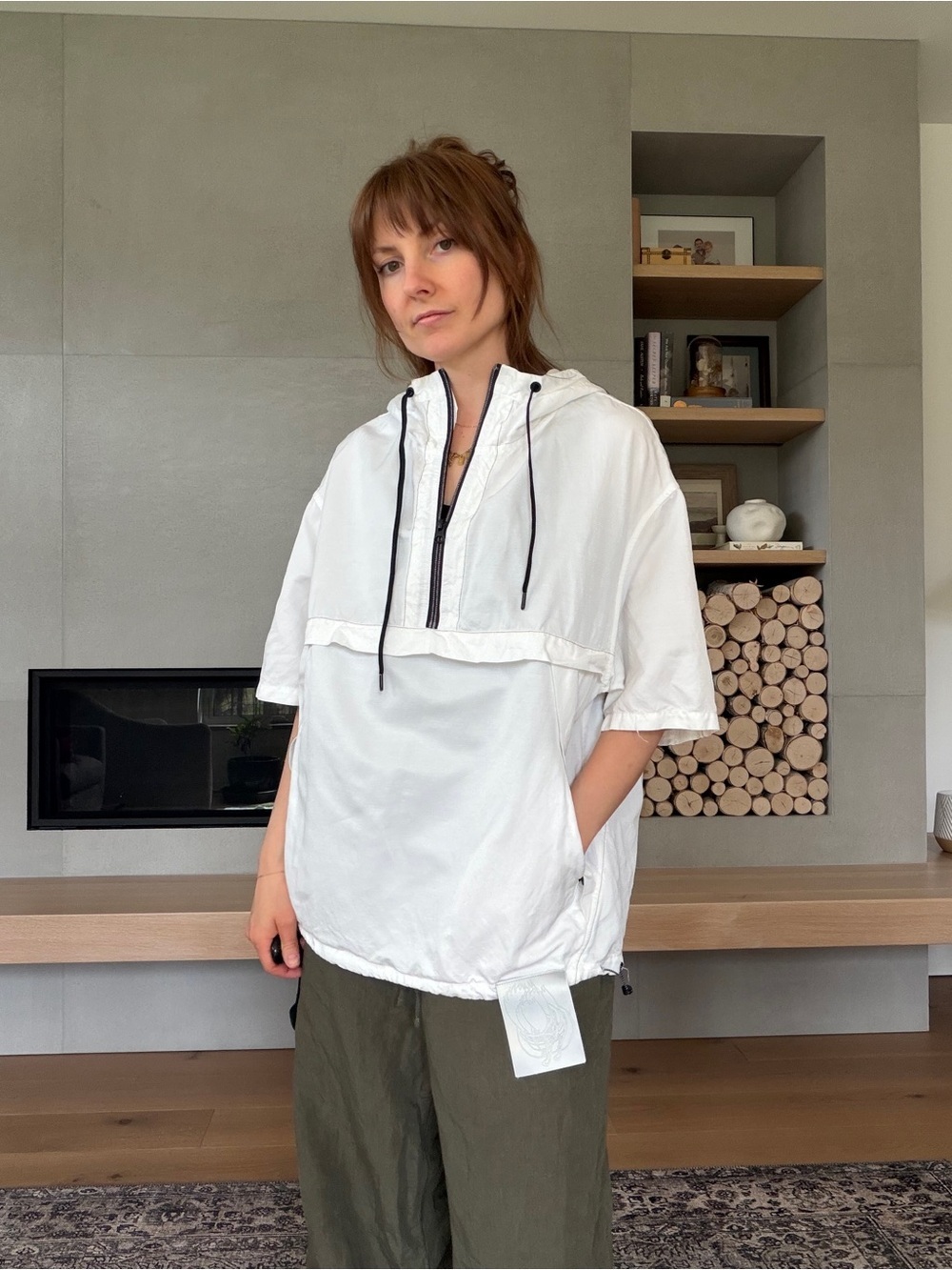 Lightweight linen blend White Hooded activewear Pullover jacket